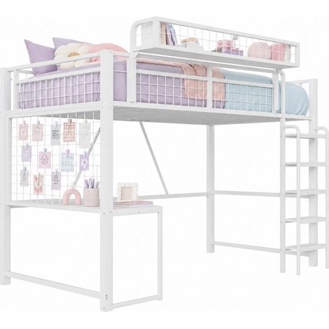 CHICFURN Lit mezzanine 90 x 200 cm avec bureau, étagère filet, panier amovible, LED, prise, échelle droite et garde-corps renforcé, blanc, gain de place (1/5)