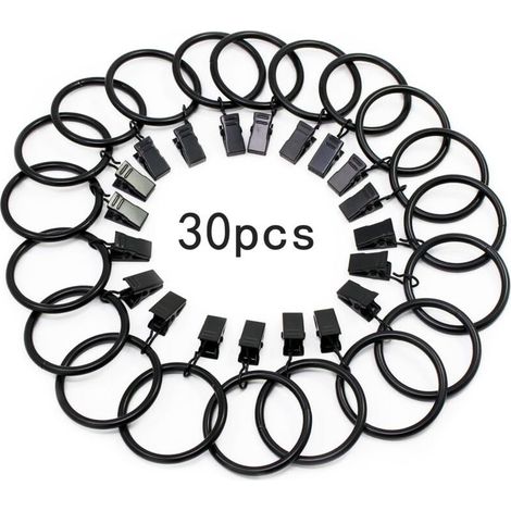30 Stück Gardinenringe mit Metallclip, robust, rostfrei, für Gardinenstangen, 32 mm Innendurchmesser (Schwarz) (1/5)