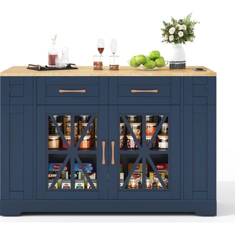 ELVMI Carro de Cocina con 2 Puertas de Cristal, Cajones, 6 Estantes, Enchufes y USB, MDF, 120 x 40(65) x 92 cm, Azul Neutro (1/5)