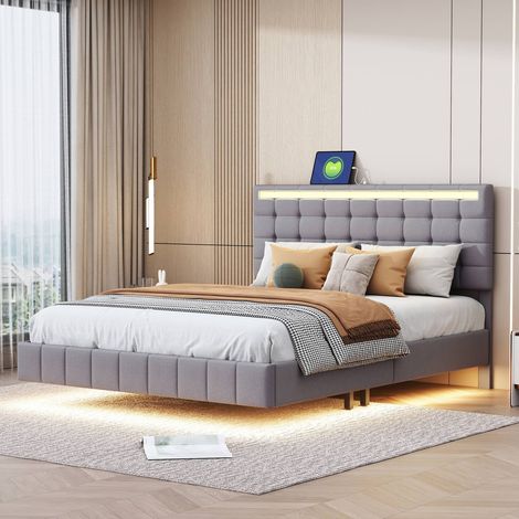 Lit double 140x200cm en lin gris avec cadre flottant, tête de lit design et éclairage led intégré (1/5)