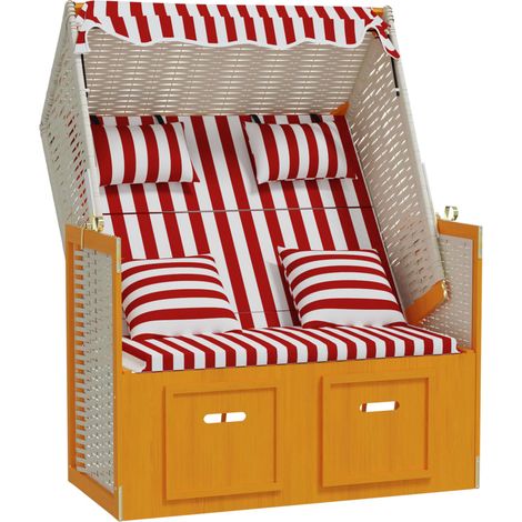 Strandkorb avec coussins Résine tressée bois solide Rouge blanc (1/5)