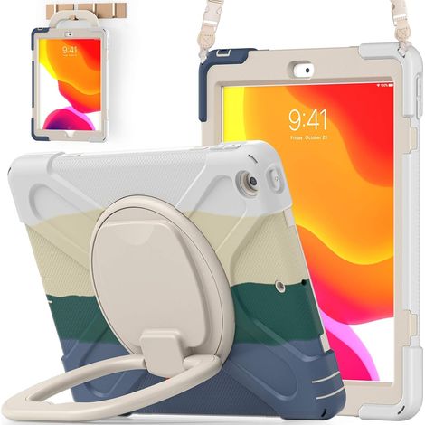Étui pour iPad 9e/8e/7e génération (Étui robuste pour iPad 10,2 pouces 2021/2020/2019) avec protection d'écran, support rotatif/porte-crayon/bandoulière (Rose coloré) (1/5)