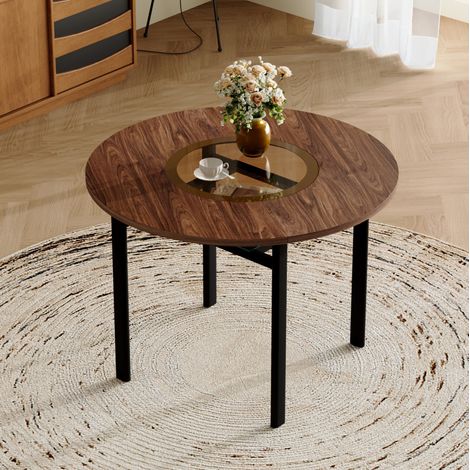 Mesa redonda 100 cm marrón en MDF, vidrio y metal con estante inferior y diseño estable (1/5)
