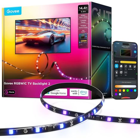 Rétroéclairage TV LED 2 Coupe-tofit 4,4m RGBWIC 32-70 pouces 210+ Modes Scène, Synchronisation Musique, App, Installation Facile (1/5)