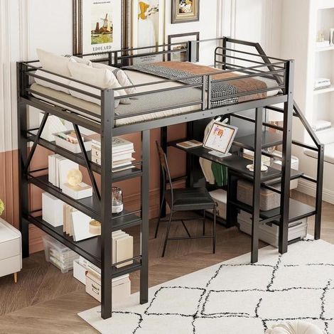 Lit mezzanine - KOMHTOM - 140x200 - Bureau intégré - Armoire et 3 étagères - Escalier de rangement (1/5)