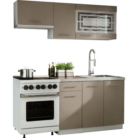 Dusine – Cuisine complète GIOVANNA 5 éléments – Taupe mat 1m80 – Portes vitrées avec étagères – Mélaminé FSC – Poignées métalliques lourdes (1/2)