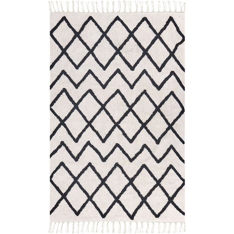 Tappeto geometrico cotone trapuntato con nappe 160 x 230 cm beige e nero Eldes