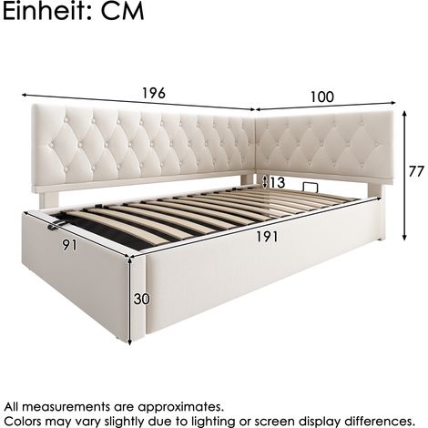 Lit bateau 90x190cm en bois avec banquette de repos et coffre de rangement hydraulique, revêtement velours beige, sommier fourni, sans matelas, pour enfant et adolescent