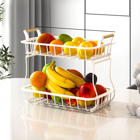 Panier de rangement de fruits à 2 niveaux, organisateur de comptoir de cuisine avec poignée en bois, bol en acier au carbone pour pain, légumes, fruits, panier rectangulaire en métal amovible
