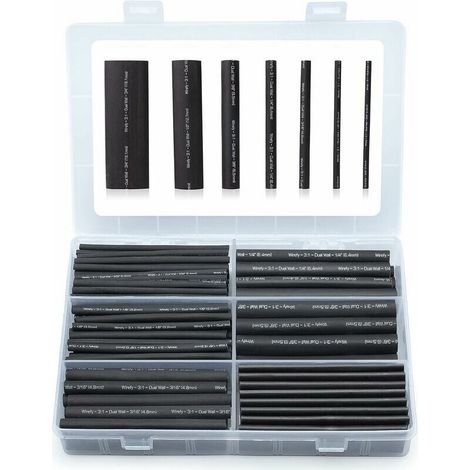 KZQ 180-teiliges schwarzes, wasserdichtes Schrumpfschlauch-Set – 3:1 doppelwandiger Schrumpfschlauch – mit Klebstoff ausgekleidet – Schrumpfschlauch (1/3)