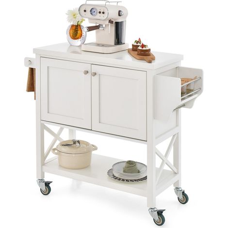 Kitchen Storage Trolley Cart Rolling Island Shelves Cupboard 2 Doors &Towel Rack (1/5)