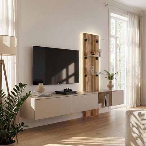 Ensemble Meuble TV Mural "Luzz" 220cm Gris & Naturel (1/5)