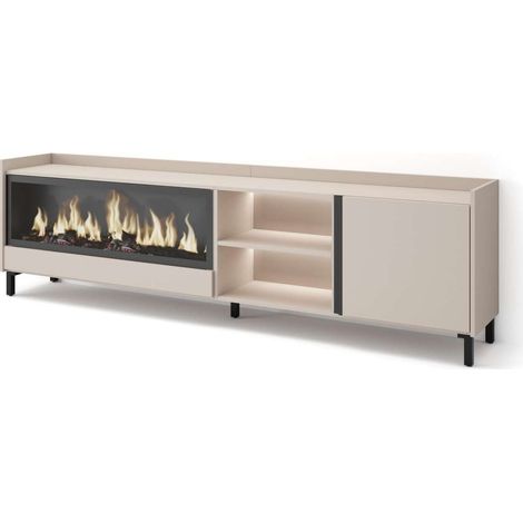 Mueble TV Parauta-01 de 212x61x35 cm con chimenea eléctrica y luces LED, diseño industrial, color beige (1/4)