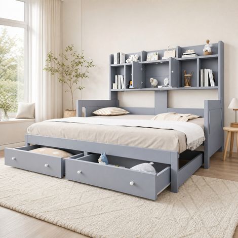 Divano letto estraibile 193.6x97x140 cm, con cassetti, ripiani e luce LED, legno, grigio (1/5)