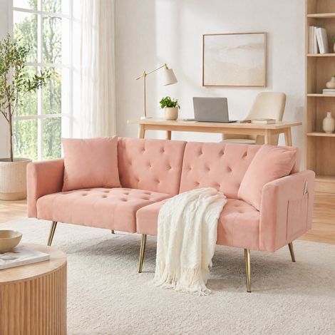 Canapé droit 2 places en velours rose – Canapé 2 places avec 2 coussins –Dossier réglable – Pieds métal –177×78×74 cm (1/5)