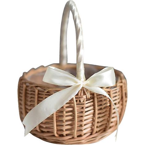 Weidenkorb mit Henkel und weißem Band, geeignet für Brautjungfern bei Hochzeiten, zur Dekoration von Haus und Garten. (1/5)