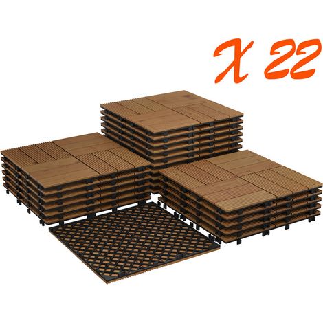 HAUSPROFI Dalles de Terrasse Clipsables Acacia Massif 30x30cm, Lot de 22 (2,97 m²), Bois Dur Résistant aux Intempéries, Système de Drainage & Base Renforcée, Montage Sans Outils, Usage Extérieur, Brau (1/5)