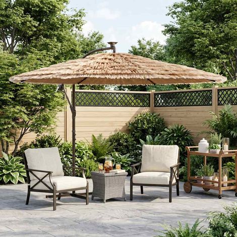 Parasol de jardin LED avec manivelle et dessus en paille acier marron 269x269 cm - PANGIVO (1/5)