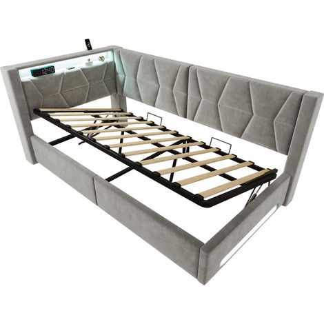 Cama con almacenaje 90x200 cm en terciopelo gris con LED, USB Tipo-C, somier - HOMVRA (1/5)