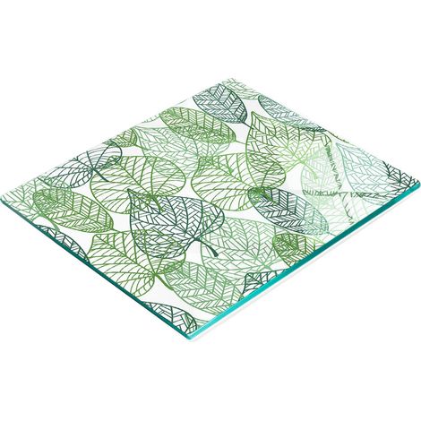 Tablero de vidrio con estampado decorativo de hojas verdes, 60x52 cm.