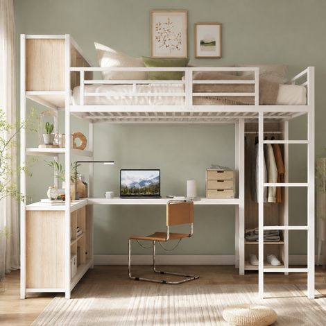 Etagenbett 140x200 cm in Weiß/Natur mit Schreibtisch, Kleiderschrank und Stauraum (1/5)