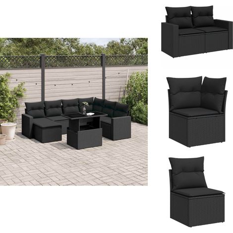 Salon de jardin 8 pcs avec coussins noir résine tressée - Ensemble Salon De Jardin - Meuble Extérieur - Résine Tressée - Rotin Synthétique - Table Extensible (1/5)