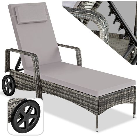 Tectake – Transat bain de soleil en polyrotin – Coussin amovible – Dossier réglable 6 positions – Roulettes pour mobilité – Capacité 150 kg (1/5)