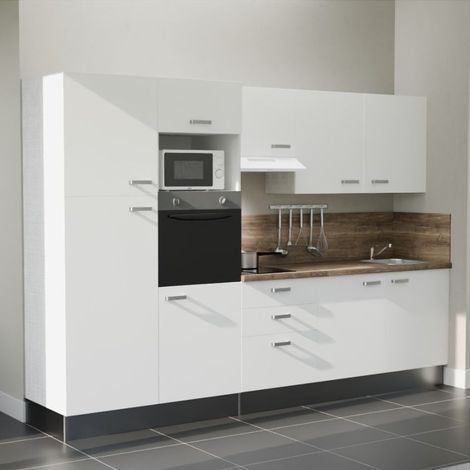Kochnischen K46L-PT - 300 cm mit Arbeitsplatte und spüle - Weiße Front - Laminatplatte aus Holz - Edelstahl-Spüle - Kredenzen ja (1/4)