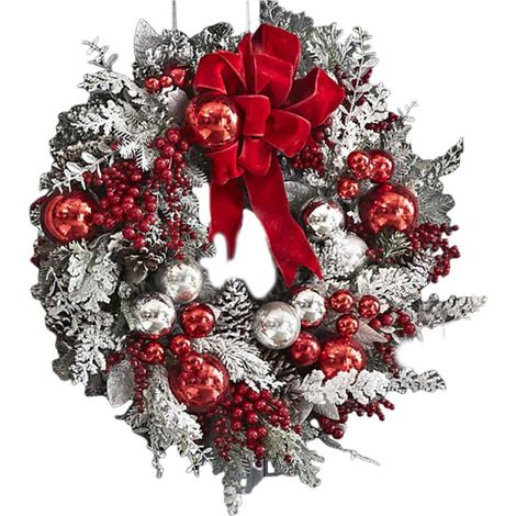 Couronne de Noël artificielle en rotin recouvert de neige, arbre renversé, nœud rouge, ruban, mise en page de la scène, boules brillantes, décoration de porte de Noël, guirlande suspendue pour fête (1/5)