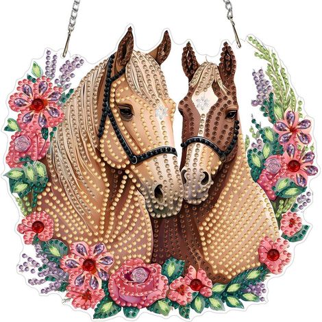Diamantmalerei Anhänger mit Kette, Pferde Motiv, Fensterbild, 20x20cm