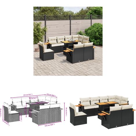 9-tlg. Garten-Sofagarnitur mit Kissen Schwarz Poly Rattan - Gartenmöbel Set - Outdoor Möbel - Rattan Gartenset - Lounge Garnitur - Balkonmöbel - Home & Living (1/3)