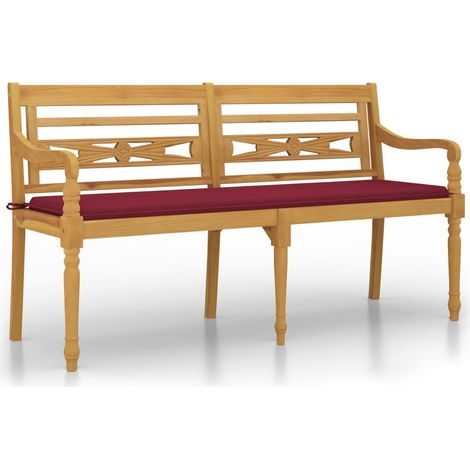 Banc Batavia avec coussin rouge bordeaux 150cm Bois teck massif (1/5)