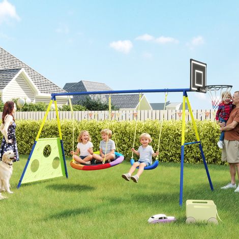 Balançoire Portique Enfants 4-en-1. avec Balançoire Nid. Panier de Basket et Cage de Football. Aire de Jeux. Multicolore