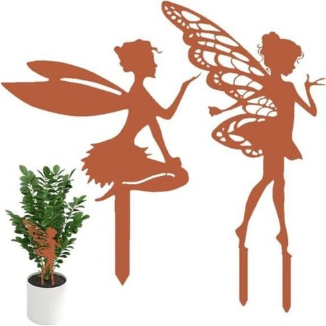 Enchanted Pair of Patinated Metal Fairies - Vintage Garden Stakes for Plants, Balcony, and Terrace - Fairy Decorations