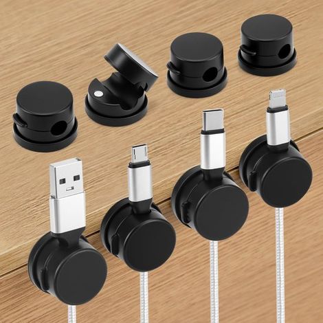 Set di 6 fermacavi magnetici, girevoli a 360°, clip autoadesive per cavi, ideali per scrivania, comodino, ufficio e auto, colore nero. (1/5)