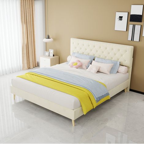 Bett 160x200 cm Beige mit Stauraum unter dem Bett, Holzstruktur, ohne Matratze MEUBLIV (1/5)