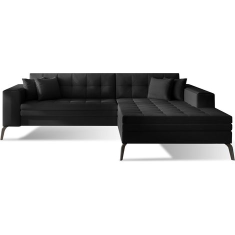 Canapé convertible capitonné angle droit simili cuir noir et pieds métal noir Lazor 295cm (1/5)