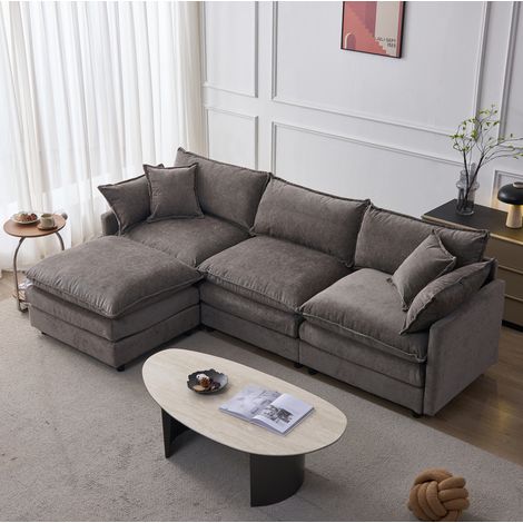 Ecksofa Chenille Grau, 3-Sitzer mit Hocker, modulares L-Sofa mit abziehbaren Bezügen (1/5)