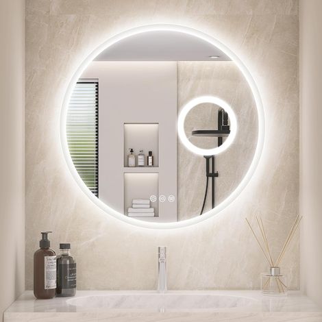Miroir de salle de bain rond à LED avec éclairage 60 cm et Bluetooth, grossissement 5x, LED à intensité variable, anti-buée, fonction mémoire, 3 couleurs de lumière, IP44 (1/5)