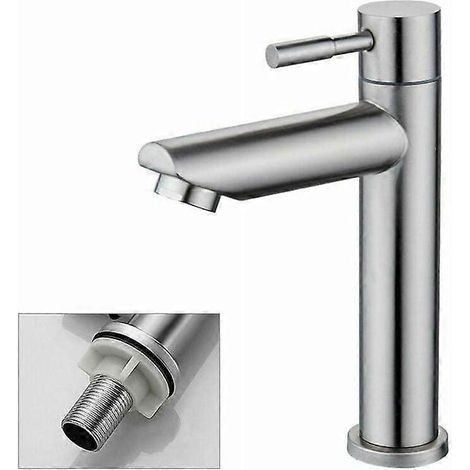 Robinet de lavabo Heyalan pour eau froide uniquement, en acier inoxydable SUS304 nickel brossé, à poignée unique et un trou, montage sur plage (sans bonde). (1/5)