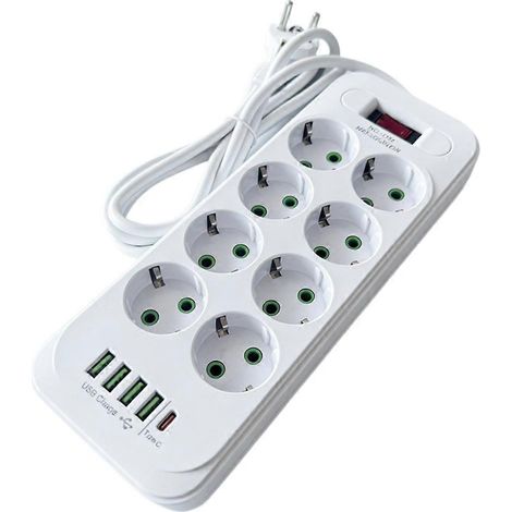 Multiprise 13 en 1 aux normes européennes, protection contre les surtensions 2500 W, câble de 2 mètres, 8 prises secteur, 4 ports de charge USB Type-C (1/5)