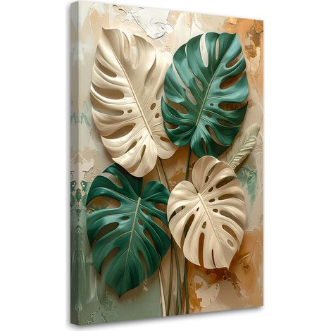 Quadro su tela, Foglie esotiche di Monstera nelle tonalità del verde e del crema. - 40x60 (1/2)
