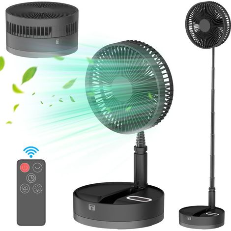 Faltbarer 9-Zoll-Ventilator (180°-Drehung, 90°-Oszillation, USB-C-Ladeanschluss, 1-4-Stunden-Timer, 3+1 Geschwindigkeitsstufen, 5-m-Fernbedienung, LED-Nachtlicht), schwarz (1/5)