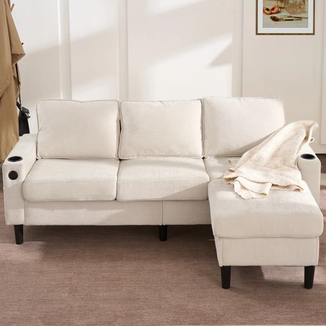 Canapé d'Angle Réversible,3 Places L-Forme,Avec Ports USB/Type-C & Deux Porte-Gobelets,Design pliable,Beige (1/5)