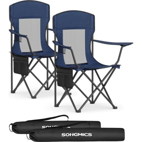 Lot de 2 Chaises de Camping, Chaises Pliantes, Chaises de Pêche, Dossier Haut, Accoudoirs Réglables, Porte-Gobelet, Supporter jusqu’à 150 kg, pour Camping, Jardin, Bleu Port (1/5)