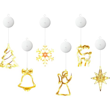 Lumiere De Fenetre - LED 3D A Ventouse - Decoration Noel Interieur - 6 Pieces Avec Arbre Flocon Renne Ange Etoile - Jaune Chaud