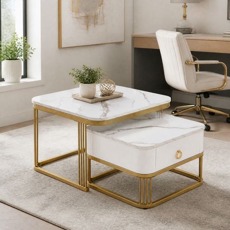 Mesa de centro nido 2 piezas efecto mármol blanco brillo y dorado con cajón DESVIAE (1/5)