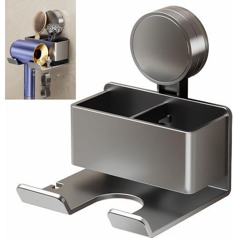 Soporte de pared para secador de pelo，no requiere taladrar，dormitorios y baños (gris oscuro) (1/5)