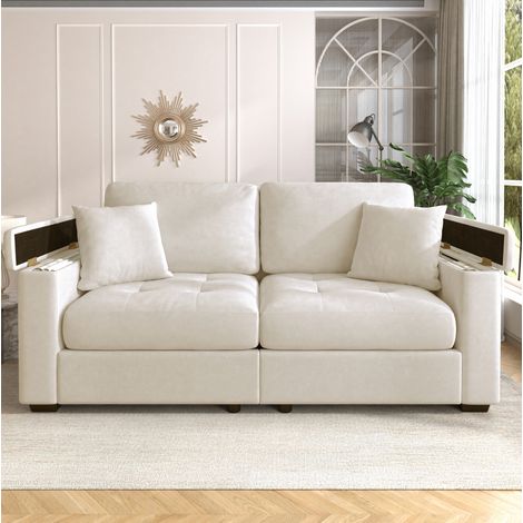 Sofá 2 plazas beige con almacenaje en reposabrazos, bolsillos laterales y 2 cojines, tela suave y espuma densa para salones pequeños y modernos – CHICFURN (1/5)