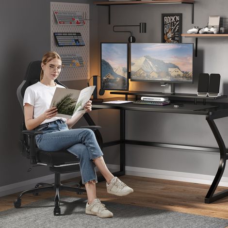 WOLTU Gaming Stuhl, Bürostuhl ergonomisch, Massage Computerstuhl mit Rollen, Kopfstütze, Fußstütze, Lendenkissen, Tech-Stoff, Massage Racing Gamer Sessel, 150 kg Belastbarkeit, Schwarz + Grau (1/5)